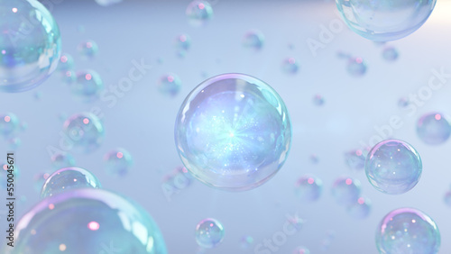 Obraz na plátně 3D rendering Cosmetics Blue Serum bubbles on defocus background