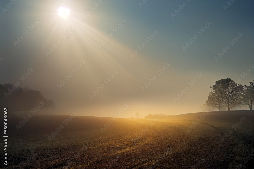 Obraz premium Winding Farm Road through Foggy Landscape - fields, meadow, sun during sunrise