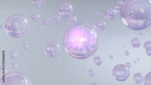 3D rendering Cosmetics Blue Serum bubbles on defocus background. Collagen bubbles Design. Moisturizing Essentials and Serum Concept. Vitamin for health care and beauty concept. 