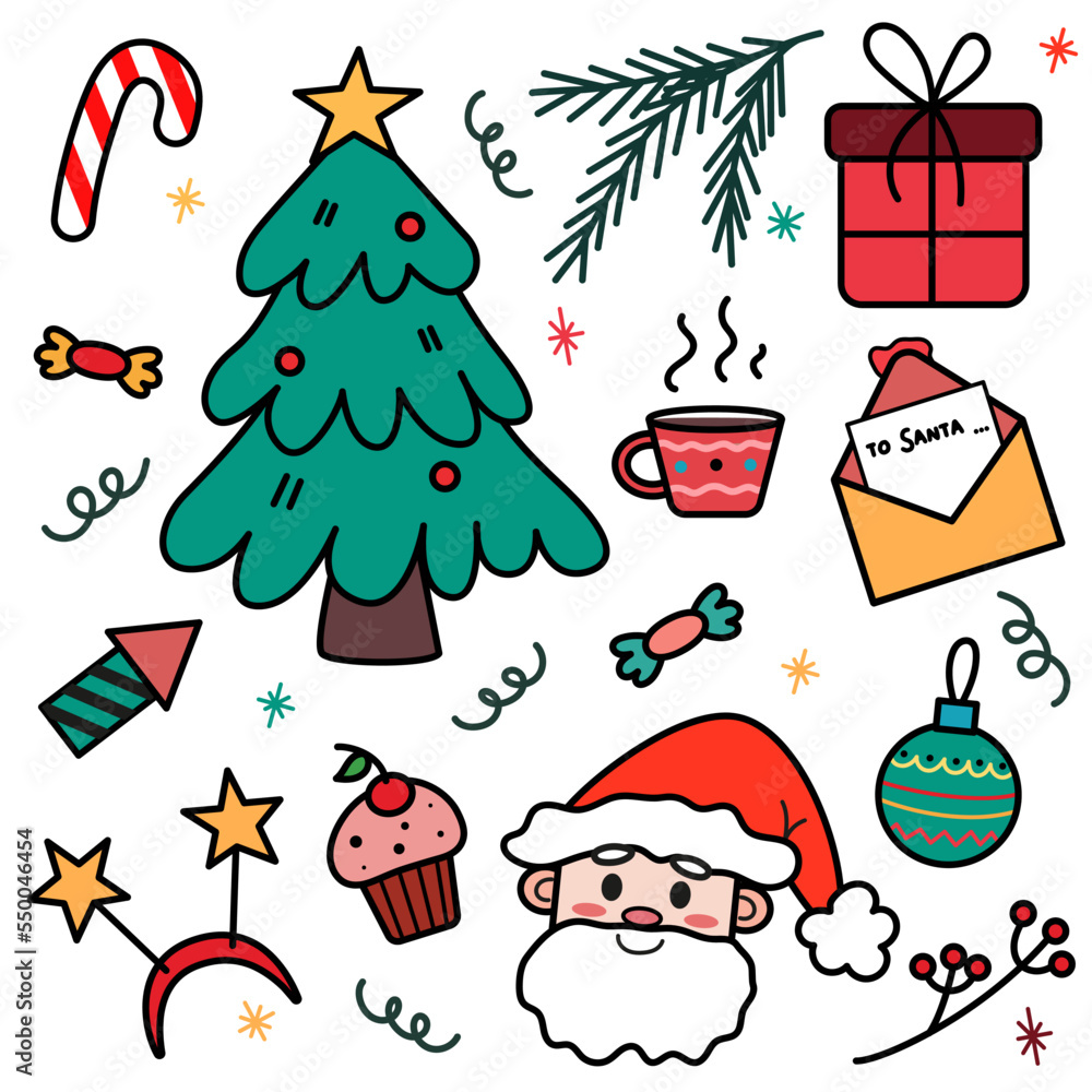 Bright New Year's Christmas set of cute illustrations on white background. Kawaii collection of cartoon illustrations. Christmas tree, Santa Claus, gift, letter to Santa, candies, Christmas decoration Bright New Year's Christmas set of cute illustrations on white background. Kawaii collection of cartoon illustrations. Christmas tree, Santa Claus, gift, letter to Santa, candies, Christmas decoration