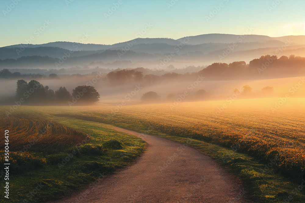 Winding Farm Road through Foggy Landscape - fields, meadow, sun during sunrise Winding Farm Road through Foggy Landscape - fields, meadow, sun during sunrise