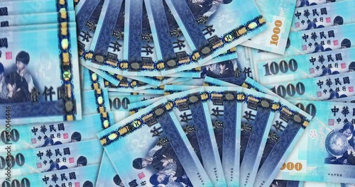 Taiwan Dollar banknotes in a cash fan mosaic pattern loop. Taiwanese 1000 TWD notes. Abstract concept of bank, finance, economy seamless and looped decorative design background. photo