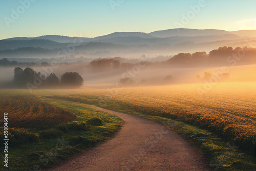 Winding Farm Road through Foggy Landscape - fields, meadow, sun during sunrise