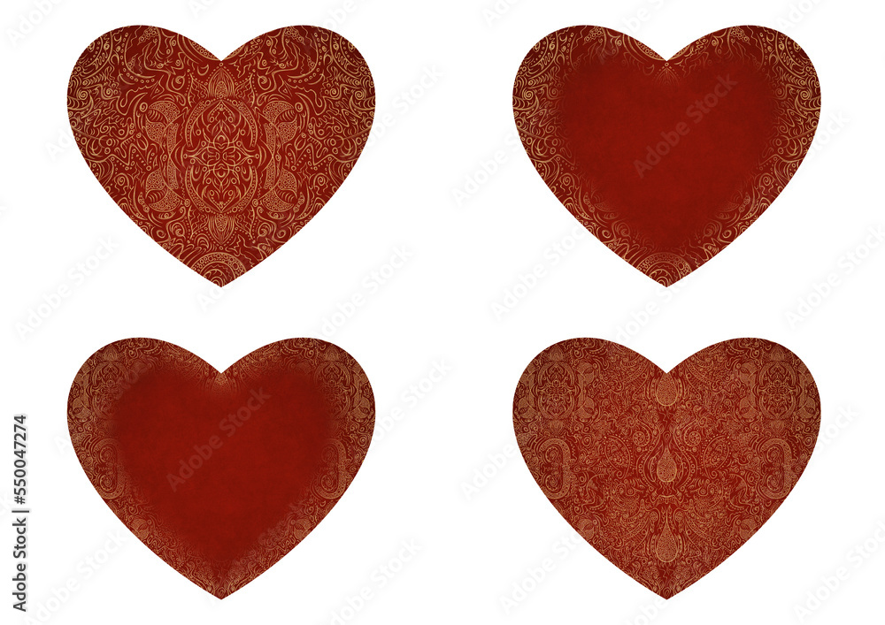 Set of 4 heart shaped valentine's cards. 2 with pattern, 2 with copy space. Deep red background and gold glittery pattern on it. Cloth texture. Hearts size about 8x7 inch / 21x18 cm (p01ab)
