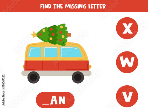 Find missing letter with cartoon Christmas van. Spelling worksheet.