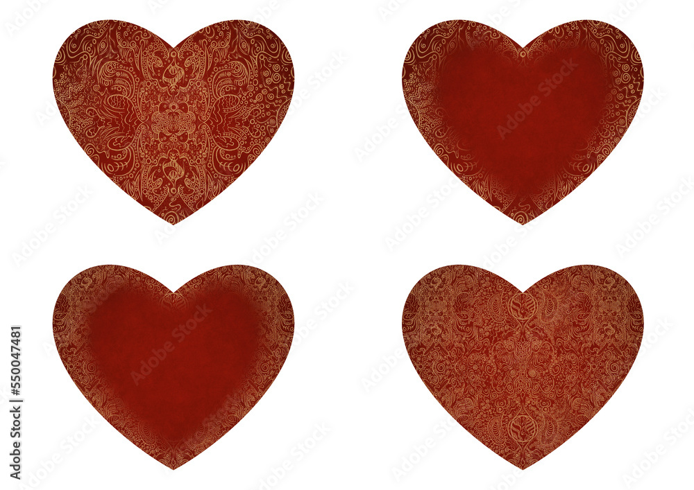 Set of 4 heart shaped valentine's cards. 2 with pattern, 2 with copy space. Deep red background and gold glittery pattern on it. Cloth texture. Hearts size about 8x7 inch / 21x18 cm (p04ab)