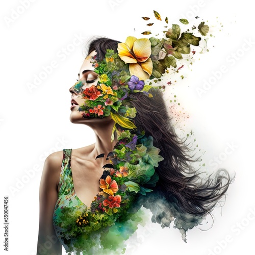 Surreal double exposure image of woman and flowers. Great for ads, book covers, posters and more. AI Generated Illustration.