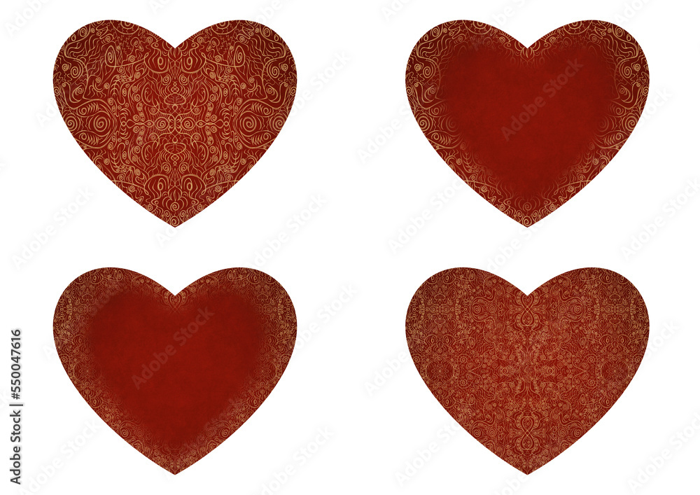 Set of 4 heart shaped valentine's cards. 2 with pattern, 2 with copy space. Deep red background and gold glittery pattern on it. Cloth texture. Hearts size about 8x7 inch / 21x18 cm (p06ab)