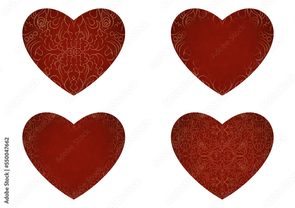 Set of 4 heart shaped valentine's cards. 2 with pattern, 2 with copy space. Deep red background and gold glittery pattern on it. Cloth texture. Hearts size about 8x7 inch / 21x18 cm (p07-1ab) Set of 4 heart shaped valentine's cards. 2 with pattern, 2 with copy space. Deep red background and gold glittery pattern on it. Cloth texture. Hearts size about 8x7 inch / 21x18 cm (p07-1ab)
