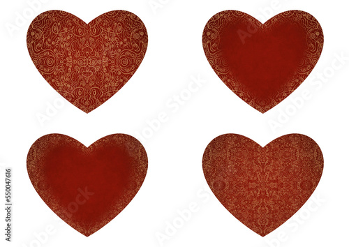 Set of 4 heart shaped valentine's cards. 2 with pattern, 2 with copy space. Deep red background and gold glittery pattern on it. Cloth texture. Hearts size about 8x7 inch / 21x18 cm (p06ab)