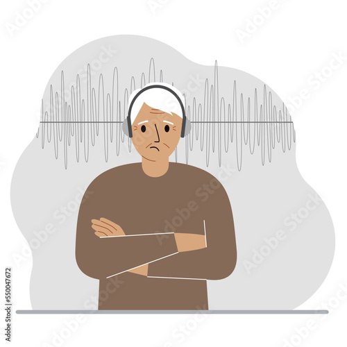 Old man in headphones and a sound track. Concept of online podcast, radio, online books, online learning and music.