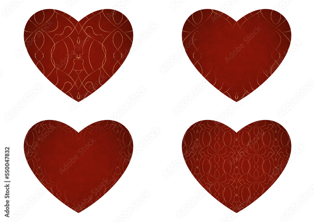 Set of 4 heart shaped valentine's cards. 2 with pattern, 2 with copy space. Deep red background and gold glittery pattern on it. Cloth texture. Hearts size about 8x7 inch / 21x18 cm (p08-1bc) Set of 4 heart shaped valentine's cards. 2 with pattern, 2 with copy space. Deep red background and gold glittery pattern on it. Cloth texture. Hearts size about 8x7 inch / 21x18 cm (p08-1bc)