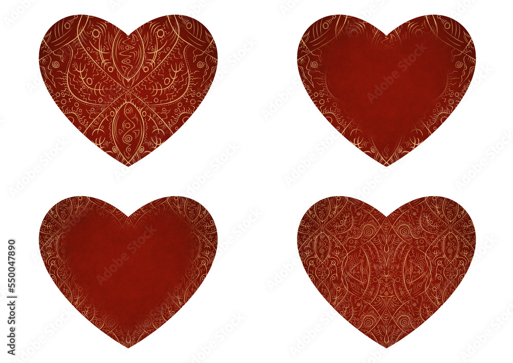 Set of 4 heart shaped valentine's cards. 2 with pattern, 2 with copy space. Deep red background and gold glittery pattern on it. Cloth texture. Hearts size about 8x7 inch / 21x18 cm (p08-2ab)