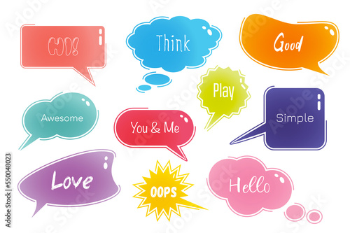 Speech bubbles set in cartoon design. Bundle of different shapes of dialog windows with inscriptions like Hi, Think, Good, Awesome, Hello, Play and other isolated flat elements. Illustration