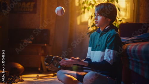Young Sports Fan Playing with Baseball Ball and Glove at Home in Living Room with Vintage Interior. Excited Teenage Boy Having Fun and Enjoying Leisure Time in Nostalgic Retro Childhood Concept.