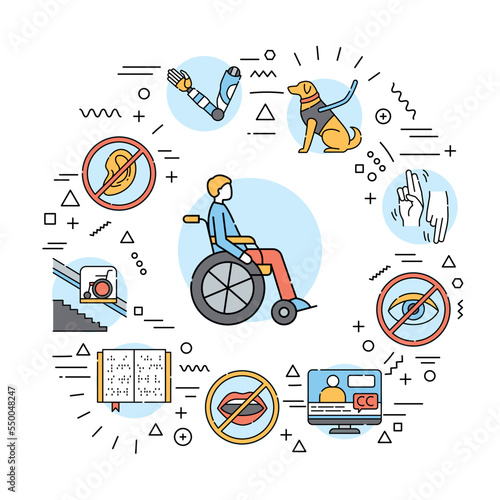 Disability web banner. Infographics with linear icons