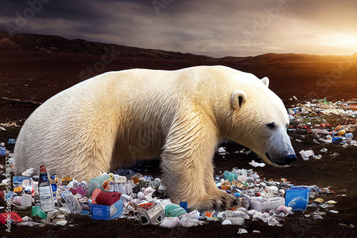 a polar bear lying in a field full of human garbage  covered in garbage