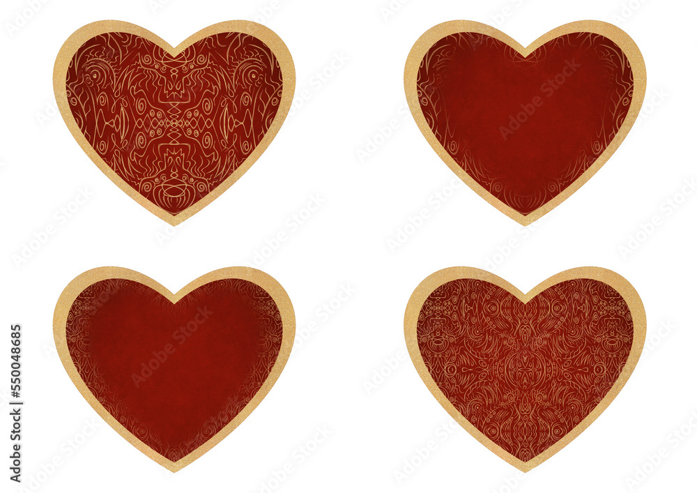 Set of 4 heart shaped valentine's cards. 2 with pattern, 2 with copy space. Deep red background and gold glittery pattern on it. Cloth texture. Hearts size about 8x7 inch / 21x18 cm (p03ab)
