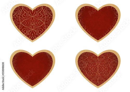 Set of 4 heart shaped valentine's cards. 2 with pattern, 2 with copy space. Deep red background and gold glittery pattern on it. Cloth texture. Hearts size about 8x7 inch / 21x18 cm (p02-2ab)