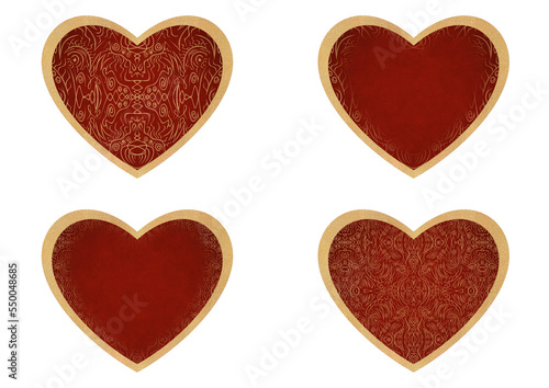 Set of 4 heart shaped valentine's cards. 2 with pattern, 2 with copy space. Deep red background and gold glittery pattern on it. Cloth texture. Hearts size about 8x7 inch / 21x18 cm (p03ab)