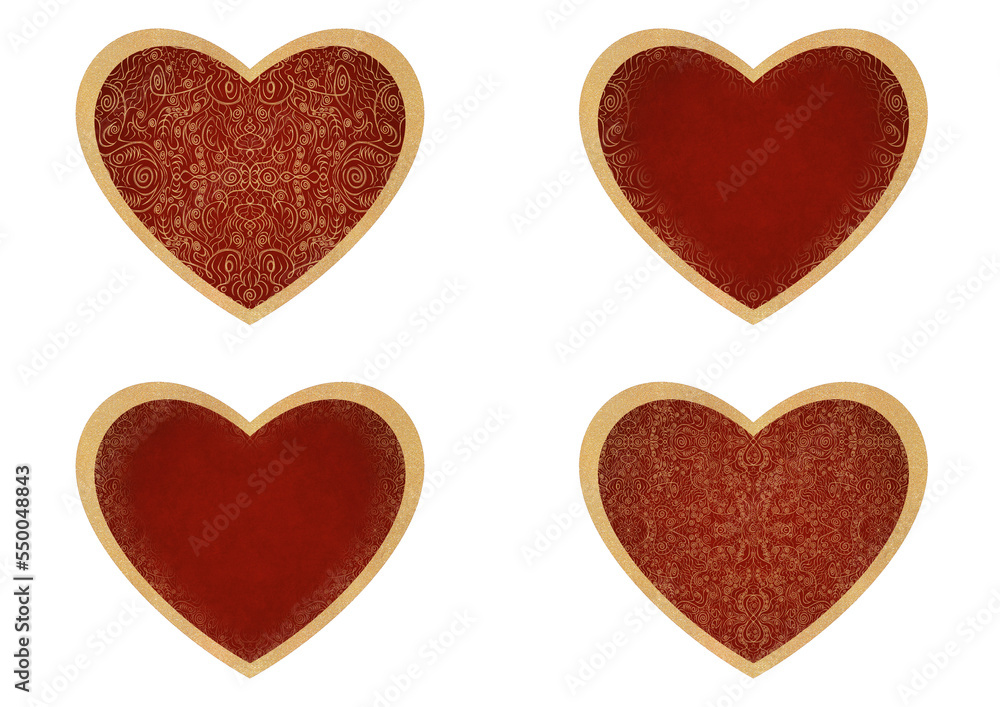 Set of 4 heart shaped valentine's cards. 2 with pattern, 2 with copy space. Deep red background and gold glittery pattern on it. Cloth texture. Hearts size about 8x7 inch / 21x18 cm (p06ab)