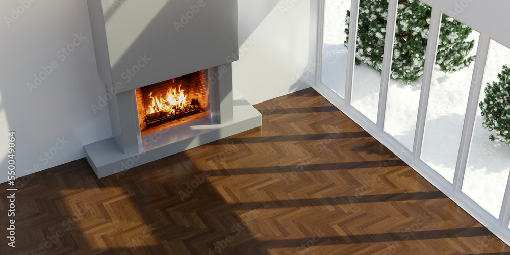 Fototapeta premium Living room interior. Fireplace, snow out of window, wooden floor, high angle. 3d