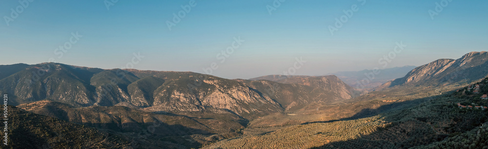 Mountain forest landscape panorama aerial drone view.