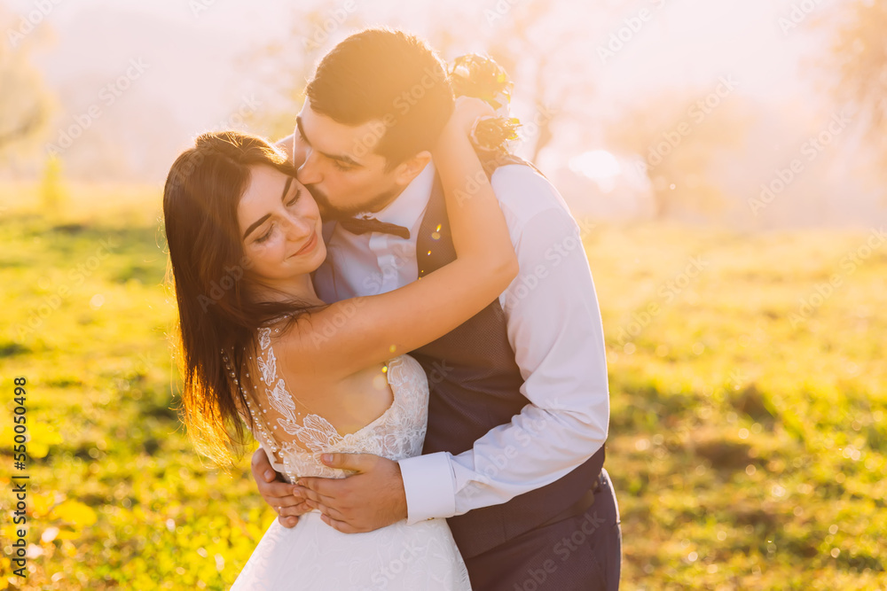 The groom hugs and kisses the bride at sunset in the field. The groom hugs and kisses the bride at sunset in the field.