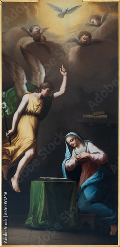 LUZERN, SWITZERLAND - JUNY 24, 2022: The painting of Annunciation in the church Jesuitenkirche by Josef Henrich Xaver Hecht from 17. cent.