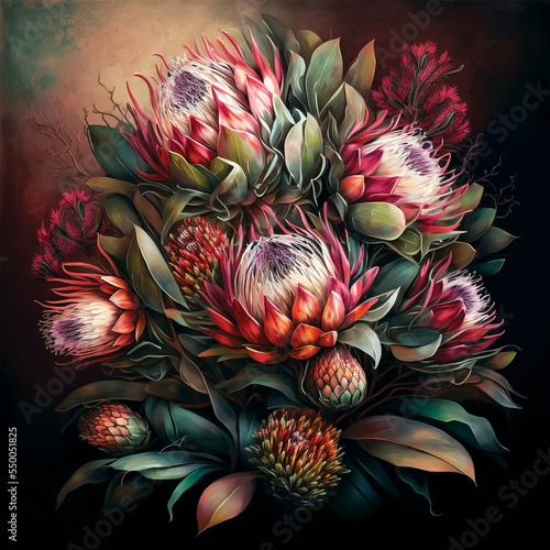 Beautiful painting of protea flowers bouquet, printable wall art