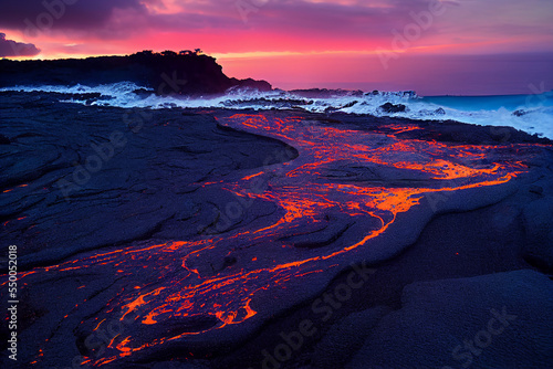 A series of lava flows spill into the ocean over a cliff at dusk, on the Big Island
