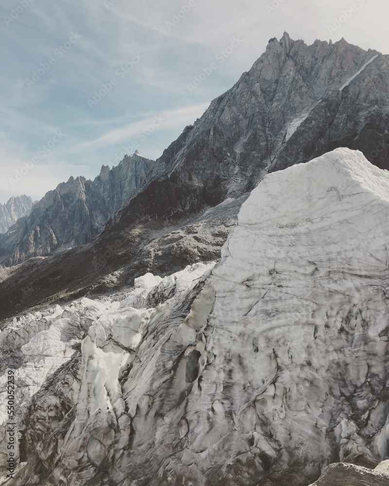 Mountain view with high summit and glacier in the foreground in the alpes