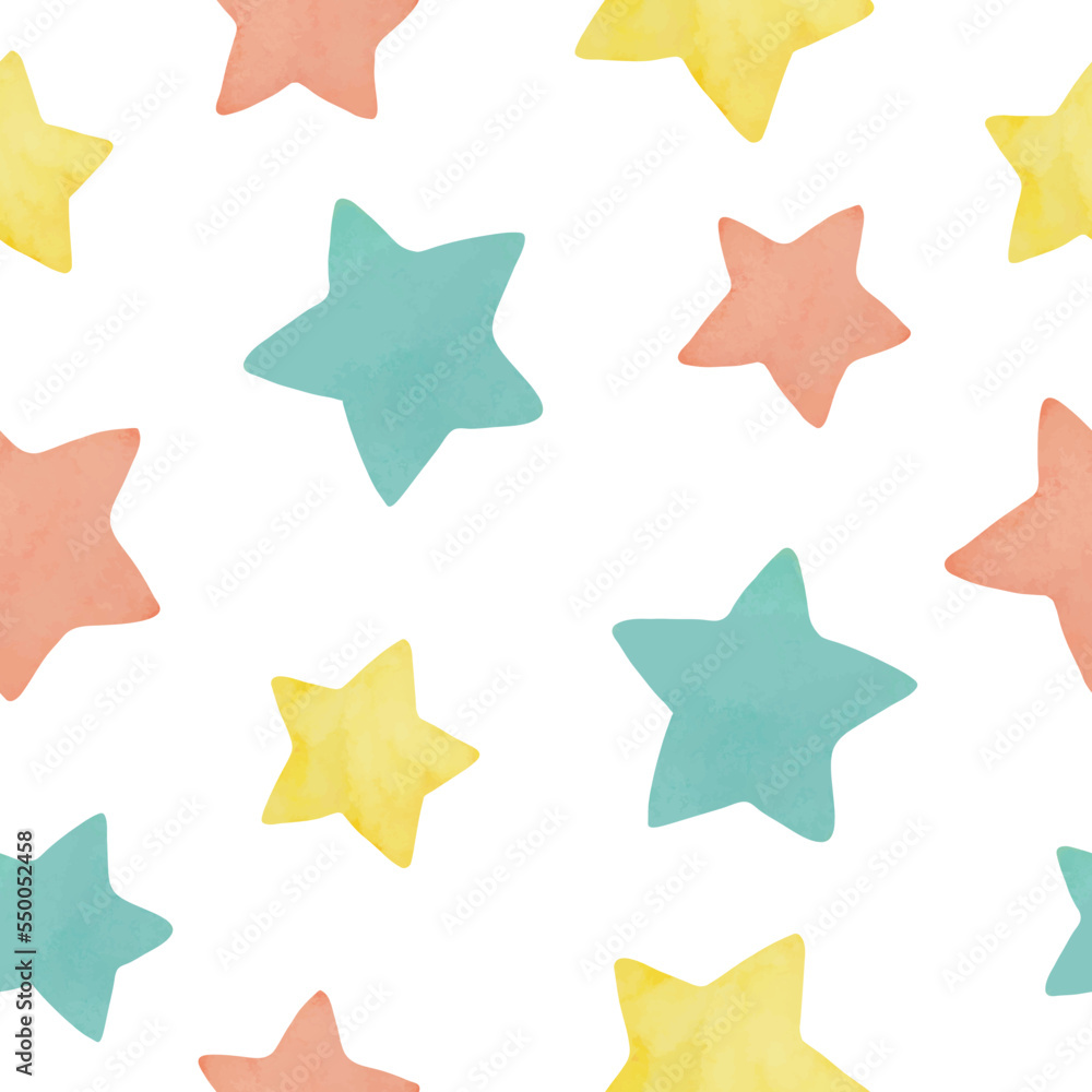 Obraz premium Seamless pattern of watercolor stars, cartoon, multicolored, for fabric, packaging, etc. use