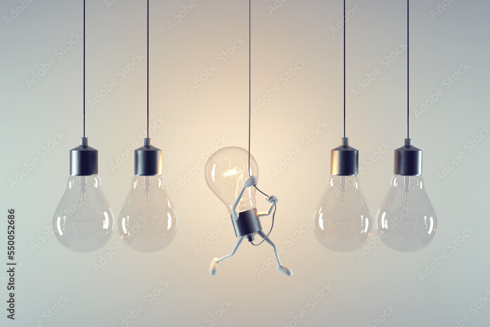 Lightbulb climbing up to the wire. Be different. Breaking free and creative mindset concept. Lightbulb climbing up to the wire. Be different. Breaking free and creative mindset concept.
