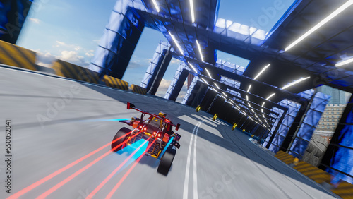 Off-Road Racing Arcade Video Game Set in Chaotic City. Computer Generated 3D Render of Car Driving Fast and Drifting, Collecting Coins on Highway. VFX Illustration. Third-Person View Gameplay.