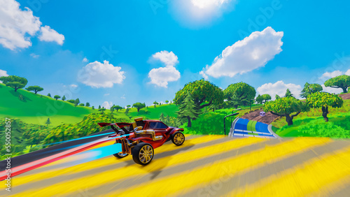 Off-Road Racing Arcade Video Game  Computer Generated 3D Render of Car Driving Fast  Drifting and Collecting Coins on Gravel Country Road. VFX Illustration. Third-Person View Gameplay Concept.