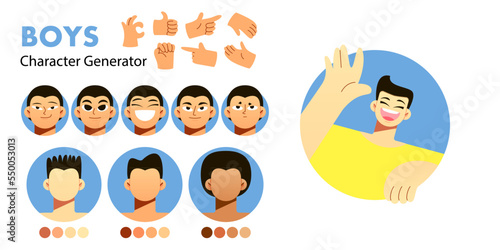 Character generator, flat people design, male pack, emotional faces, a set of hands in different gestures, vector illustration of men