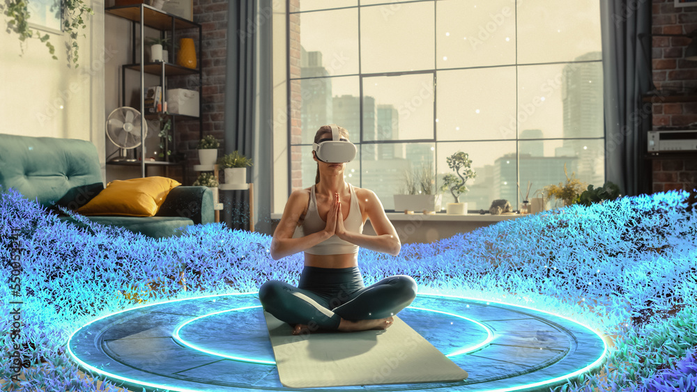 Young Athletic Woman Wearing Virtual Reality Headset, Practising Meditation  in Futuristic Way. Her Consciousness is Transformed into Beautiful Peaceful  Forest. Online Wellbeing and Mindfulness. Stock Photo