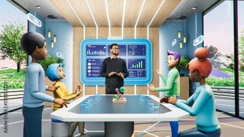 Online Business Meeting in Virtual Reality Office. Project Manager Talking to a Group of Internet Avatars of Colleagues Sitting at a Table. 3D Meta Universe Concept, Working from Home. photo