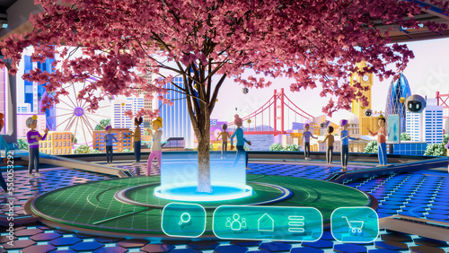 3D Render of Beautiful Digital Metaverse. Virtual Reality World With User Avatars, Buildings, Nature and Robots Flying Around. Point of View From User's Perspective. Immersive Technology Showcase. photo