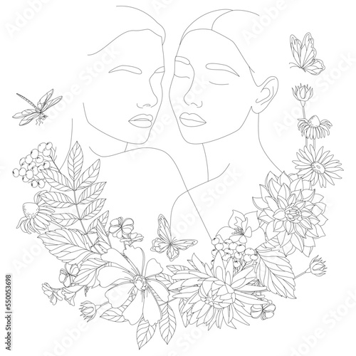 Two faces with flowers using a vector drawing in one line. Portrait in a minimalist style. Botanical prints. A natural symbol of cosmetics. The modern art of continuous line. Fashionable print.