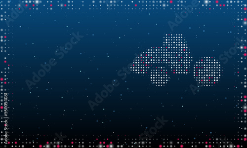 On the right is the road roller symbol filled with white dots. Pointillism style. Abstract futuristic frame of dots and circles. Some dots is pink. Vector illustration on blue background with stars