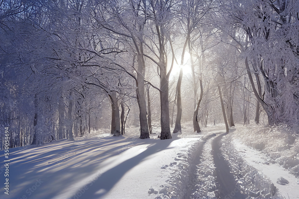Snow path in winter forest. Evening sun shines through trees Snow path in winter forest. Evening sun shines through trees