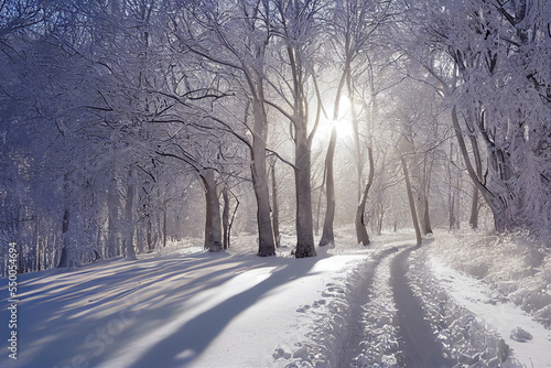 Snow path in winter forest. Evening sun shines through trees