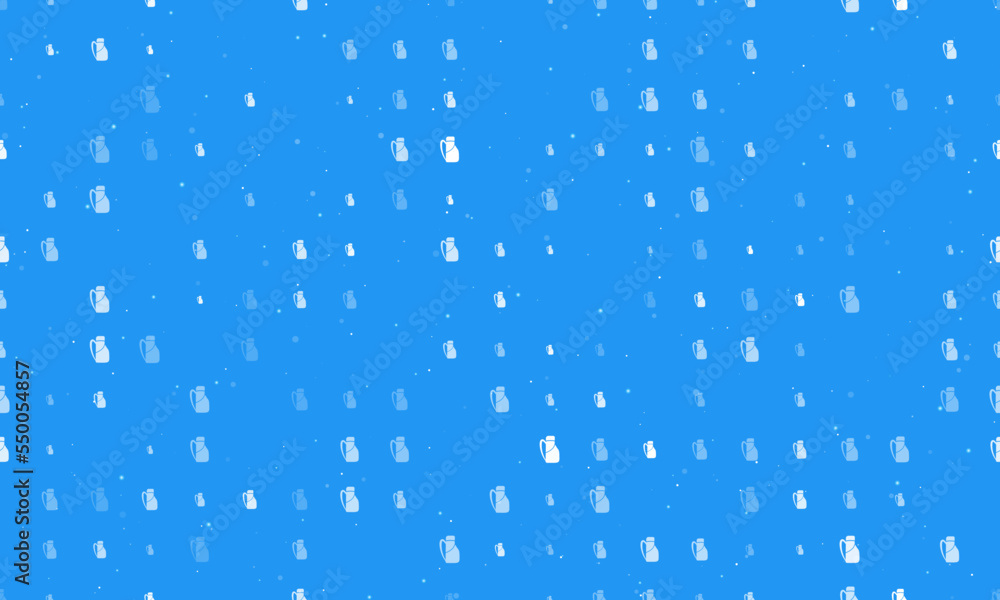 Seamless background pattern of evenly spaced white travel backpack symbols of different sizes and opacity. Vector illustration on blue background with stars