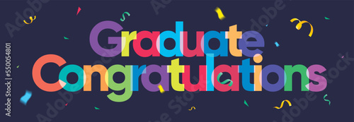 graduated congratulations typography with colorful letters on dark background, vector popped confetti