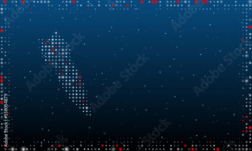 On the left is the falling rocket symbol filled with white dots. Pointillism style. Abstract futuristic frame of dots and circles. Some dots is red. Vector illustration on blue background with stars