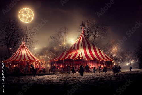 strange circus in a winter night, digital illustration, created with generative ai