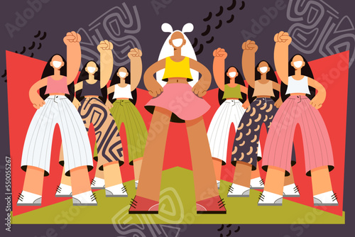 protest of young girls, feminists, many young girls, stand in a crowd, protection of women's rights, girl power, raised hands fists, hands up, free women, young students or girls resist
