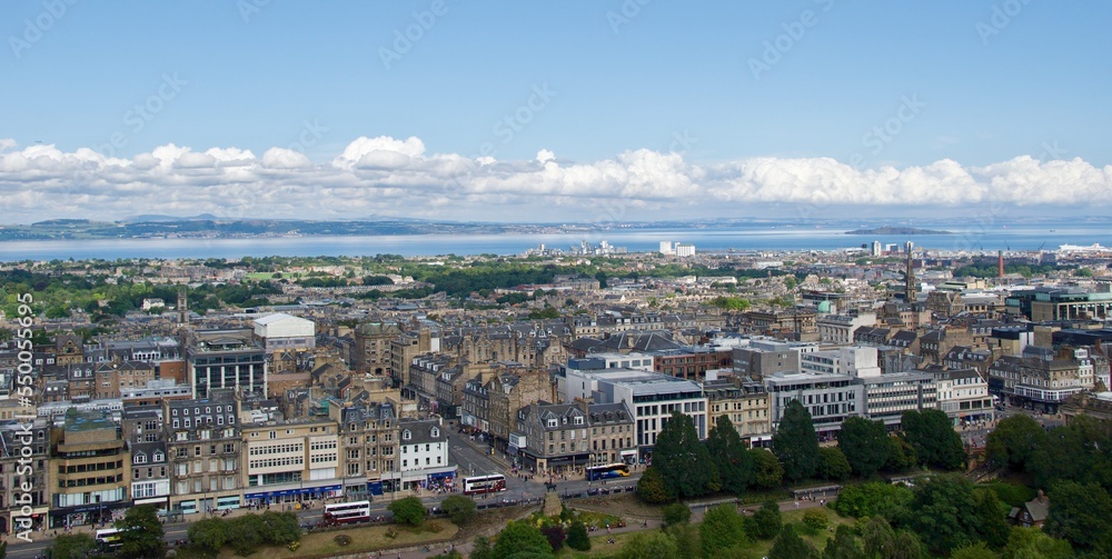 Panoramic view of new town Edinburgh with Firth of Forth in Scotland